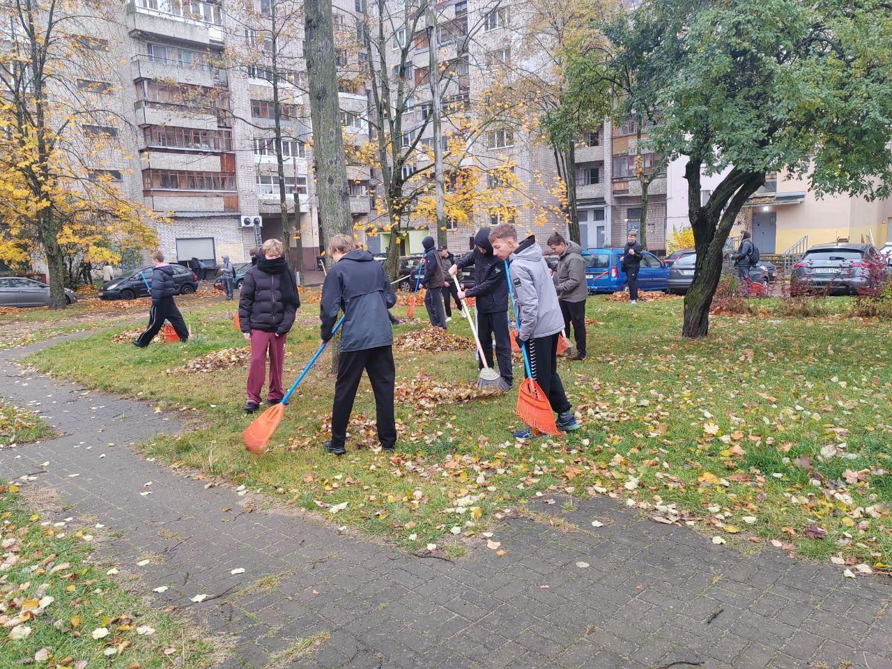 Students of group 5K9091 took an active part in the autumn cleaning of leaves in the territory served by the state enterprise "Housekeeping Department No. 1 of the Sovetsky District of Minsk"